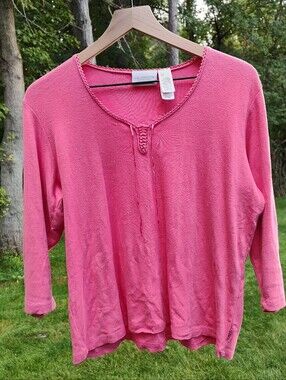 Pink Cotton Lace Up Bust Top Shirt Liz Claiborne Sz L Basic Feminine 3/4 Sleeves